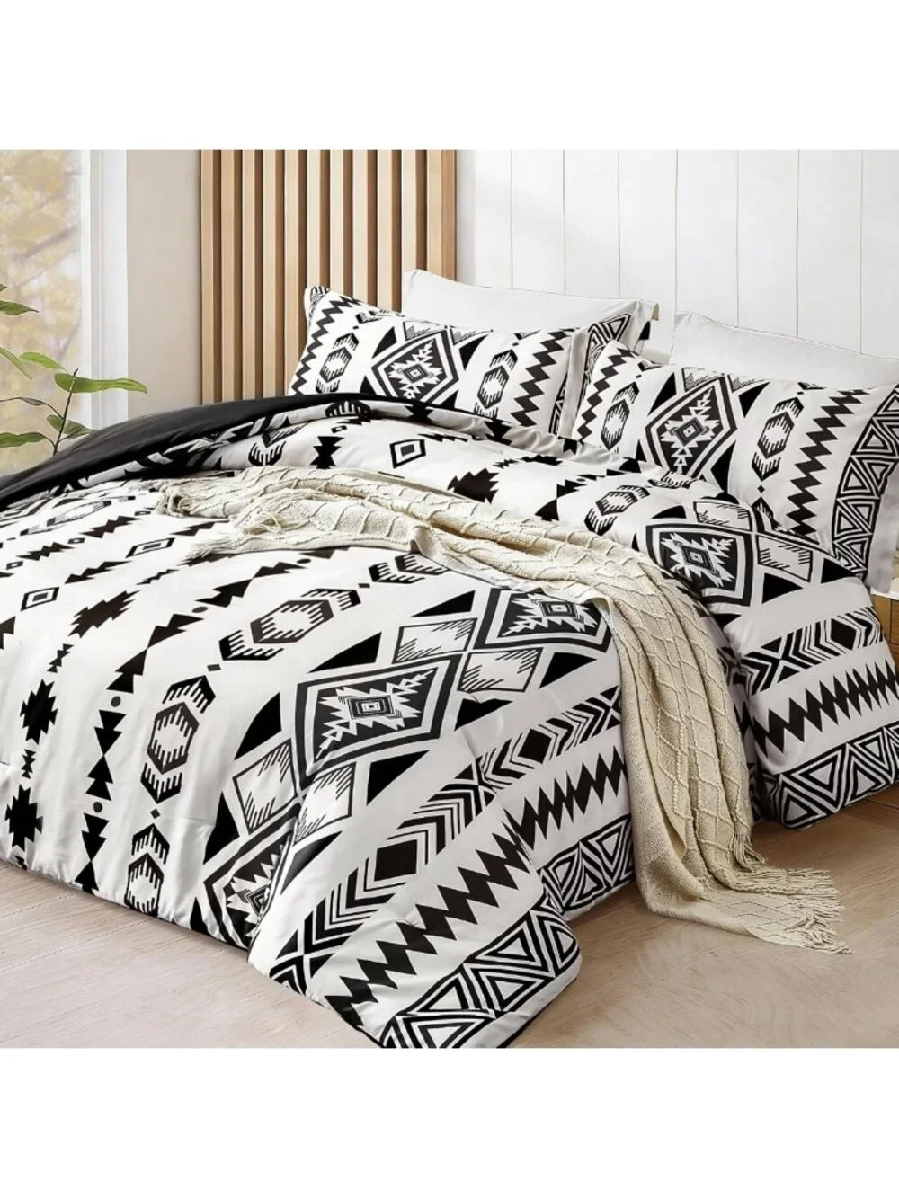 Boho Aztec King Comforter Set - 3 Piece Black White Bedding, Soft Lightweight